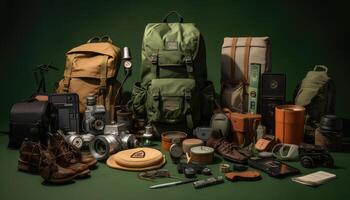 Engaging Knolling Image, Backpacks and Essentials, Green Background, Tintype Photography, Adventure Theme, Functionality. photo