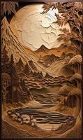 Handcut Paper Art Sculpture, Mountains and Lake, Romantic Moonlit Seascapes, Cabincore, Whistlerian, Nature based Patterns. photo