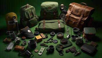 Engaging Knolling Image, Backpacks and Essentials, Green Background, Tintype Photography, Adventure Theme, Functionality. photo