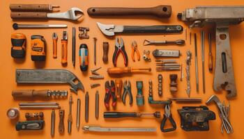 Striking Knolling Image, Work Tools Organized, Vibrant Orange Background. photo