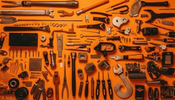 Striking Knolling Image, Work Tools Organized, Vibrant Orange Background. photo