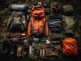 Engaging Knolling Image, Backpacks and Essentials, Green Background, Tintype Photography, Adventure Theme, Functionality. photo