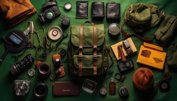 atractivo knolling imagen, mochilas y esenciales, verde fondo, ferrotipo fotografía, aventuras tema, funcionalidad. generativo ai foto