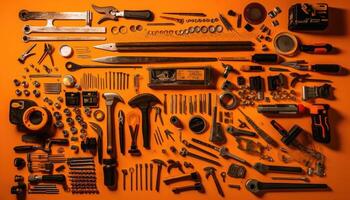 Striking Knolling Image, Work Tools Organized, Vibrant Orange Background. photo