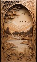 Handcut Paper Art Sculpture, Mountains and Lake, Romantic Moonlit Seascapes, Cabincore, Whistlerian, Nature based Patterns. photo