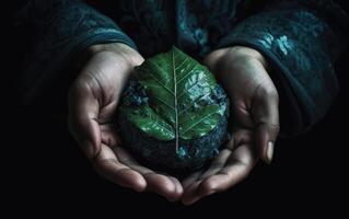 Hands holding earth globe with green leaf on black background, Save the Earth concept. photo