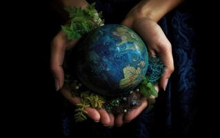 Hands holding earth globe with green leaf on black background, Save the Earth concept. photo