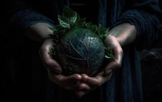 Hands holding earth globe with green leaf on black background, Save the Earth concept. photo