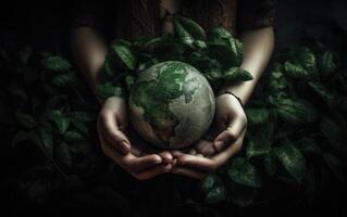 Hands holding earth globe with green leaf on black background, Save the Earth concept. photo