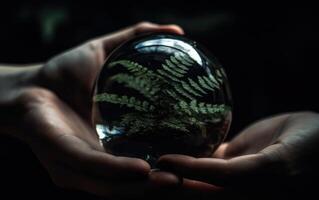 Earthcore Inspired Hand Holding Terrarium Globe, Leaf, Green and Black, Environmental Awareness, Authentic Imagery. photo