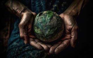 manos participación tierra globo con verde hoja en negro fondo, salvar el tierra concepto. generativo ai foto