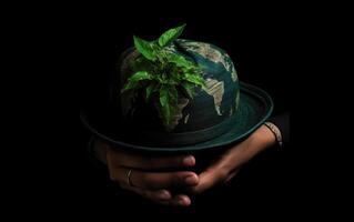 Hands holding earth globe with green leaf on black background, Save the Earth concept. photo