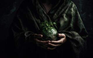 manos participación tierra globo con verde hoja en negro fondo, salvar el tierra concepto. generativo ai foto