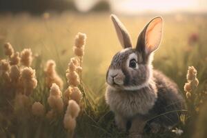 Conejo en pie en un campo de flores ai generado. foto