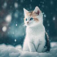 blanco gato sentado mientras nieve caídas en a él. ai generado. foto