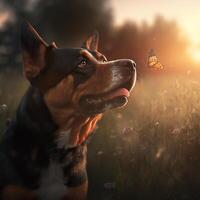Black dog plays with butterfly in a field at sunset. . photo