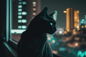 Black cat with green eyes looks out the window at the night city. . photo