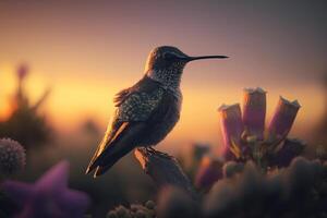 colibrí aterrizaje en un flor a puesta de sol. ai generado. foto