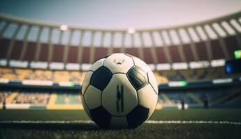 realistic illustration of a soccer ball with a large soccer stadium in the background, photo