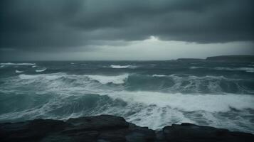 furioso Oceano olas en nublado clima, Tormentoso mar generativo ai foto