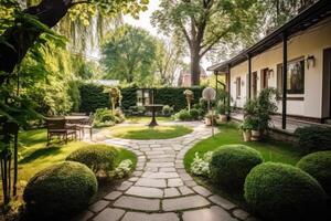 path of stones landscaping in the yard green trees and lawn photo