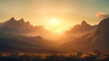 caliente verano luz, creciente Dom en el Mañana montañas viaje paisaje generativo ai foto