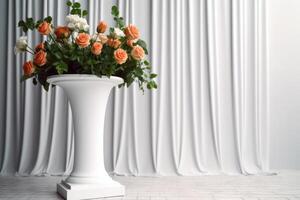 white stone vase with flowers photo