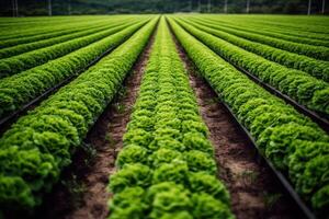 filas de verde lechuga en un invernadero, cultivo eco comida generativo ai foto