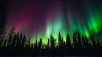 green aurora borealis in northern light forests trees and sky landscape photo