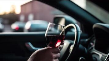 drinking alcohol while driving, drunk driver holding a glass of wine photo