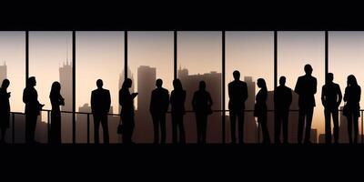 silhouettes of business people at the window of a multistory skyscraper panorama generative ai photo