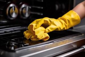 a hand in a yellow glove washes stains electric stove in the kitchen photo