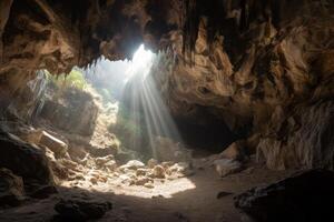 a beam of sun light illuminates the cave photo