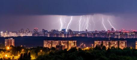 thunder and lightning in the night sky of the city photo