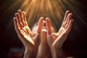 woman hand prayer to god rays of grace sun light photo