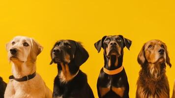 group sitting dogs on yellow background photo