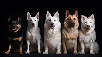 sentado entrenado perros de diferente razas en un negro antecedentes generativo ai foto