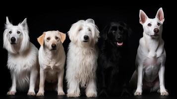 sentado entrenado perros de diferente razas en un negro antecedentes generativo ai foto