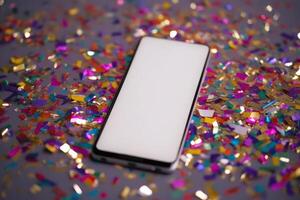 empty white phone touchscreen with copy space on festive confetti background photo