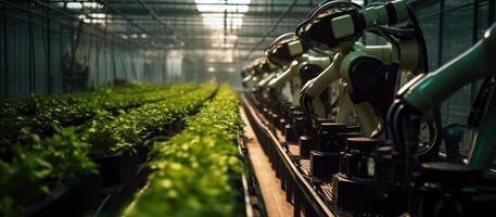 robotic arm harvesting green lettuce in a greenhouse photo