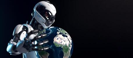 robot holding planet earth, cyborgs rule the world copy space photo
