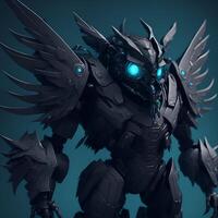 japanese animated black owl army cyan and black robot Content photo