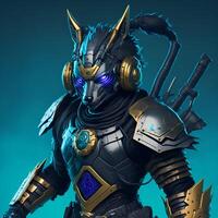 Dark cyber punk wolf ninja wearing headphone with cyan armor golden gradient holding sword Content photo