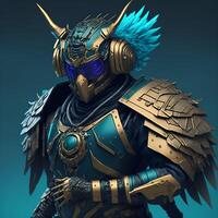 Dark cyber punk owl samurai wearing headphone with cyan armor golden gradient Content photo