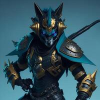 Dark cyber punk wolf ninja wearing headphone with cyan armor golden gradient holding sword Content photo