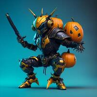 Dark cyber punk pumpkin ninja wearing headphone with cyan armor orange gradient holding samurai Content photo