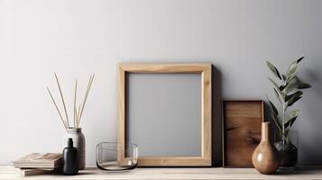 Old wooden frame mockup close up on white wall, 3d render. photo