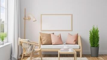 Horizontal wooden frame mockup in scandinavian farmhouse living room interior. photo