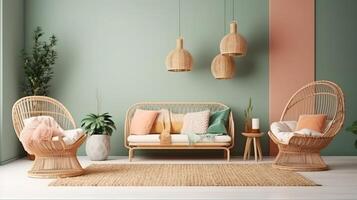 Mockup frame in interior background, room in light pastel colors. photo