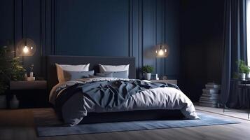 Home mockup, cozy dark blue bedroom interior background, 3d render. photo